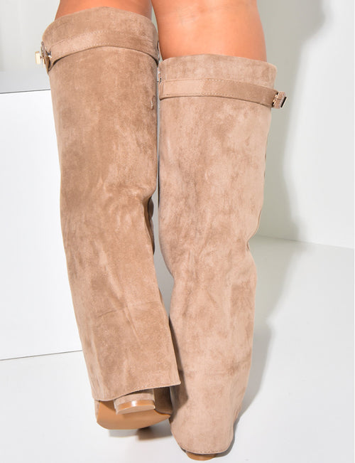 Bottes en suédine à talons carré et rabat